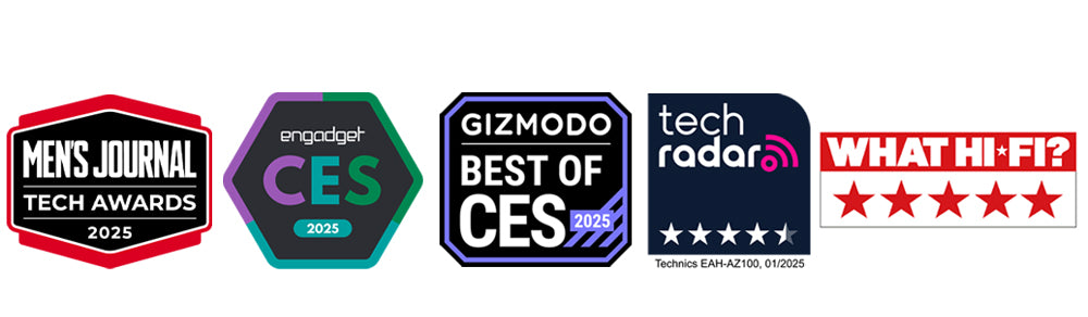 Men's Journal Tech Awards 2025 logo, Engadget CES 2025 logo, Gizmodo Best of CES 2025 logo, Tech Radar 4.5 Recommends 4.5 star rating logo, What Hi-Fi 5-star rating logo