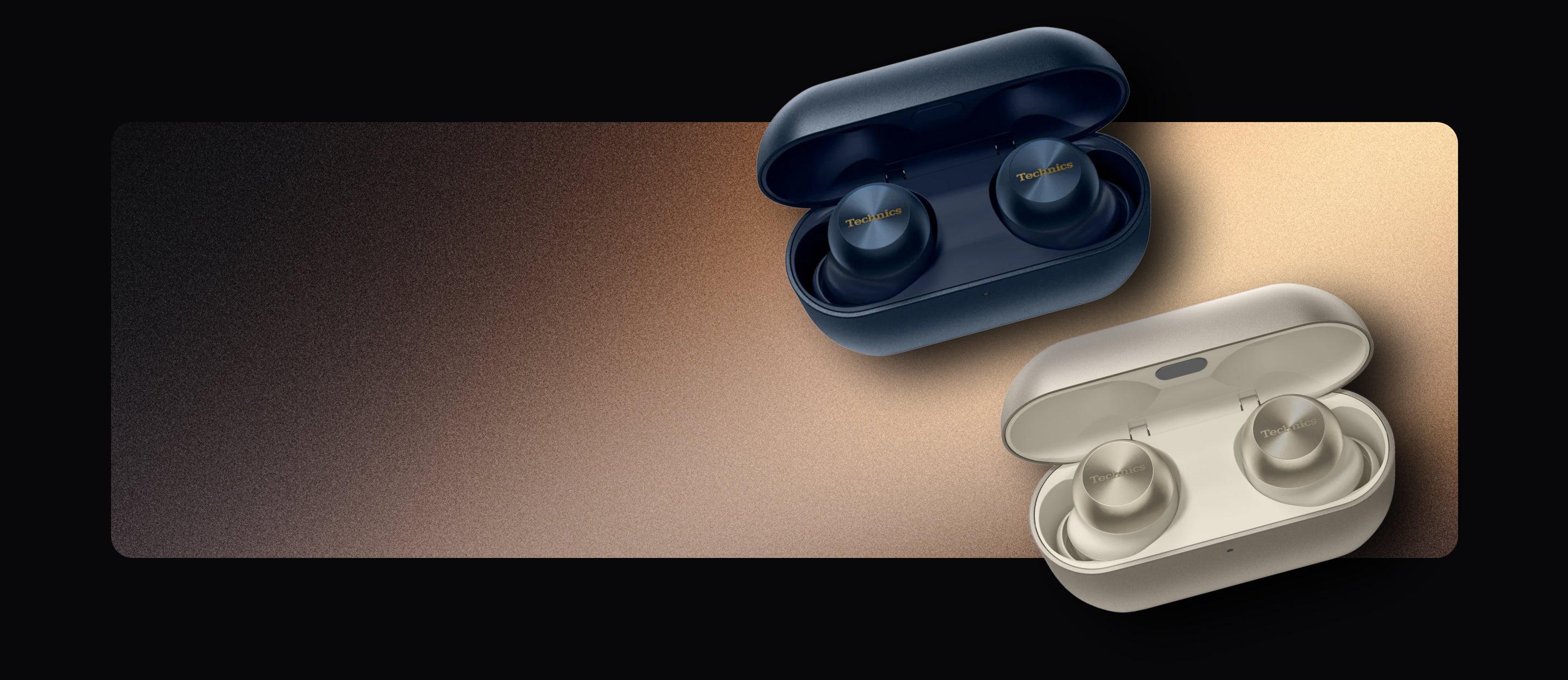 Two pairs of Technics AZ100 best Wireless earbuds in open and closed cases on a gradient background