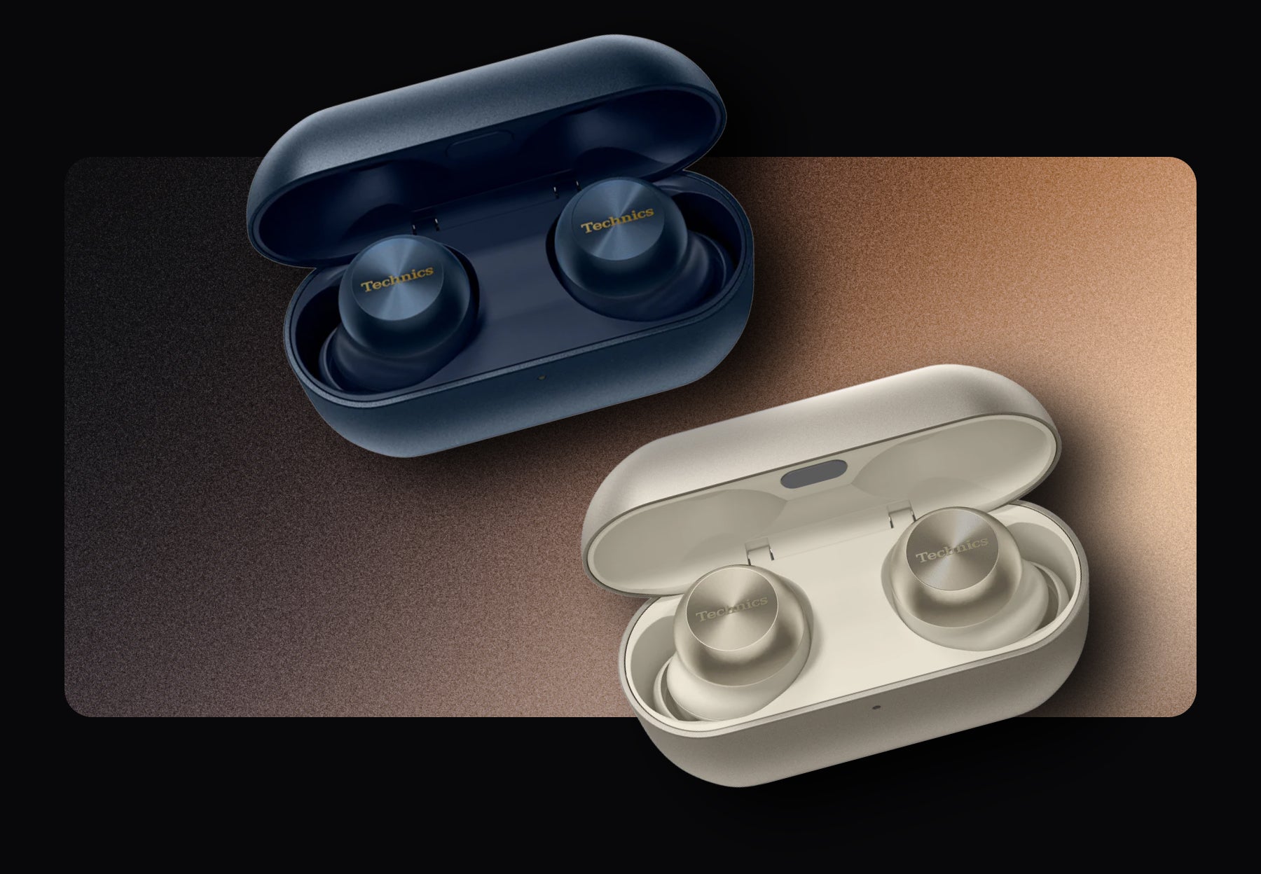 Two pairs of wireless earbuds in open cases on a gradient background