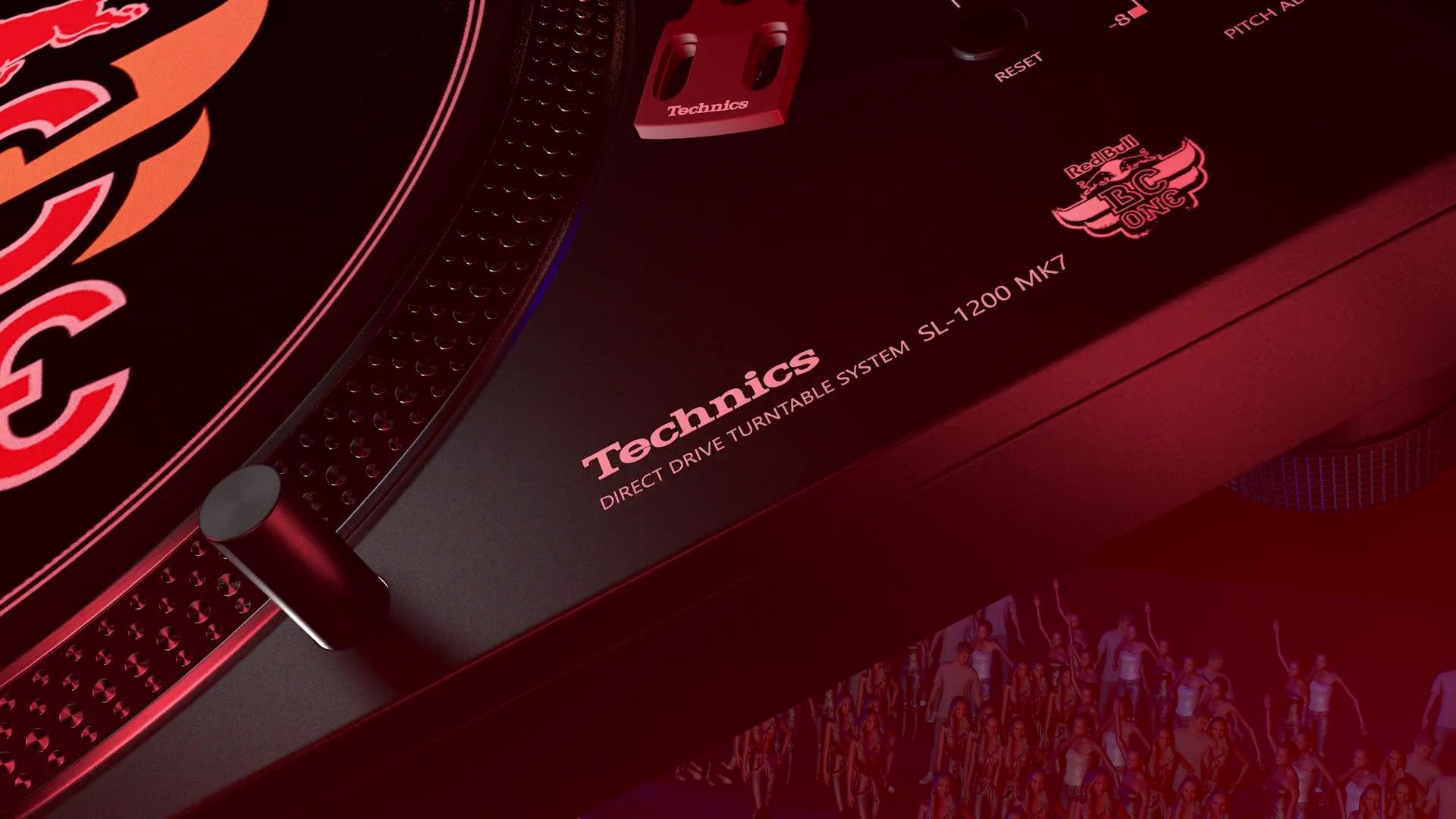 Closeup of Technics SL-1200 MK7 Red Bull One