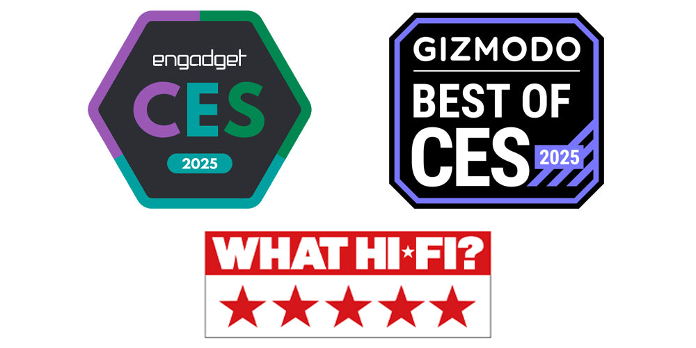 Engadget CES 2025 Award logo, Gizmodo Best of CES 2025 award logo, What Hi-FI five star rating logo for the Technics AZ100 True Wireless Earbuds