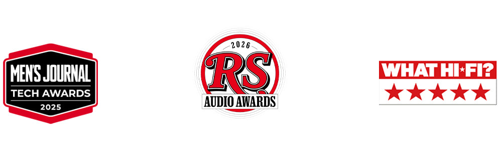 Award seals for: Men's Health Tech Awards 2025, Rolling Stone Audio Awards 2026 and What Hi-Fi 5 star rating